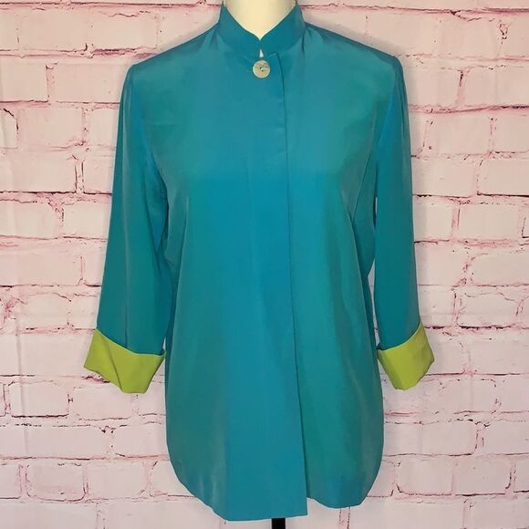 🖤 Chadwick’s | Neon Blue Silk Single Button Blazer - Picture 2 of 5